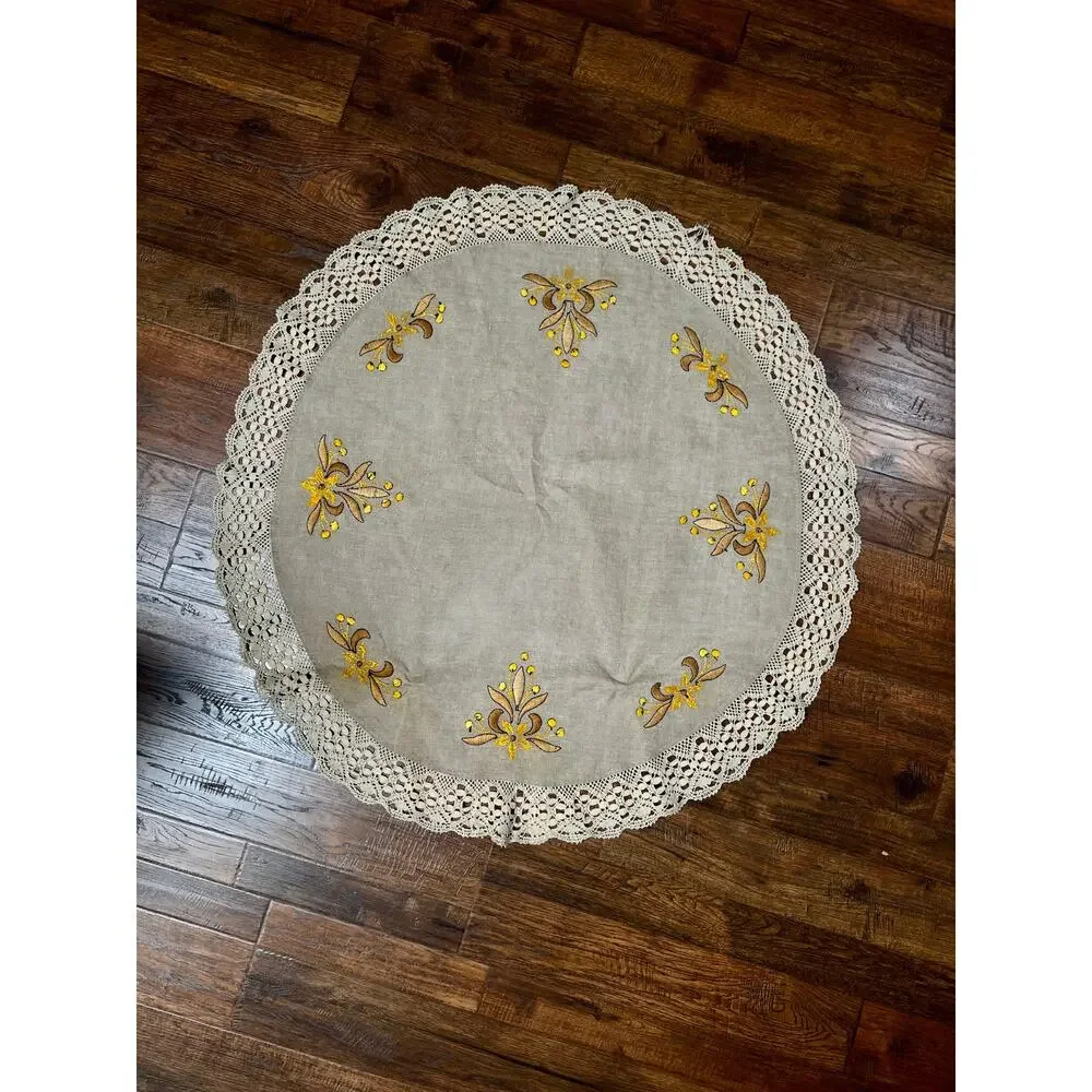 Vintage Circular Table Cover Harvest Yellow Embroidered Floral Crochet Lace Trim